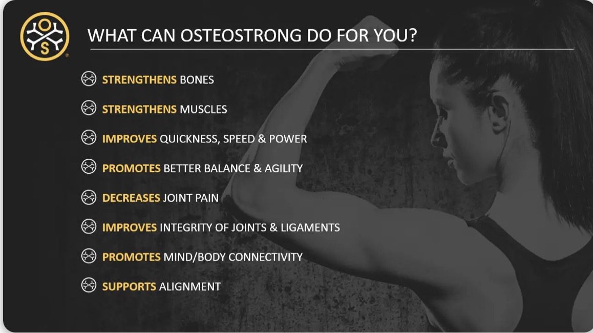 Woman flexing arm, OsteoStrong benefits list.