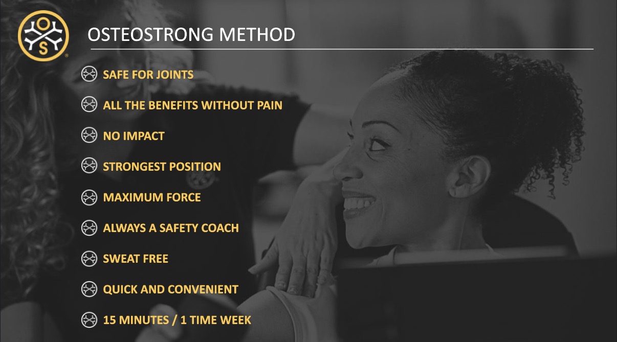 Smiling woman with OsteoStrong method benefits displayed.
