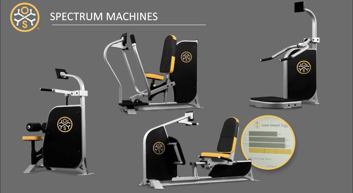 Exercise machines with brand logo and chart.