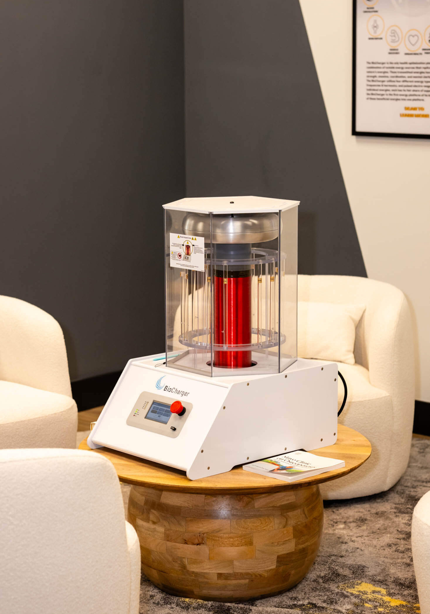 Laboratory equipment on wooden table in room.