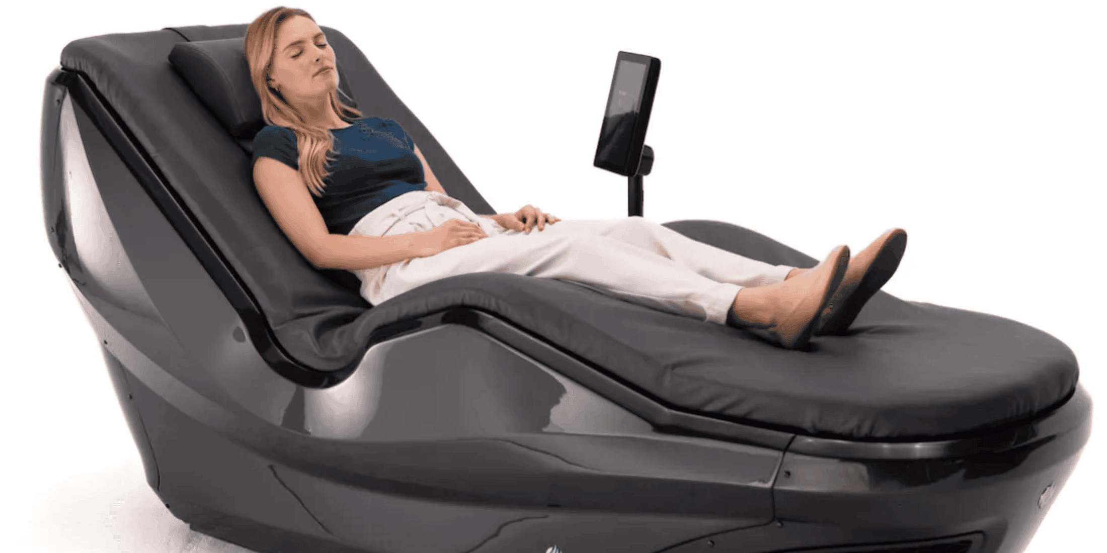 Woman relaxing on futuristic massage chair.